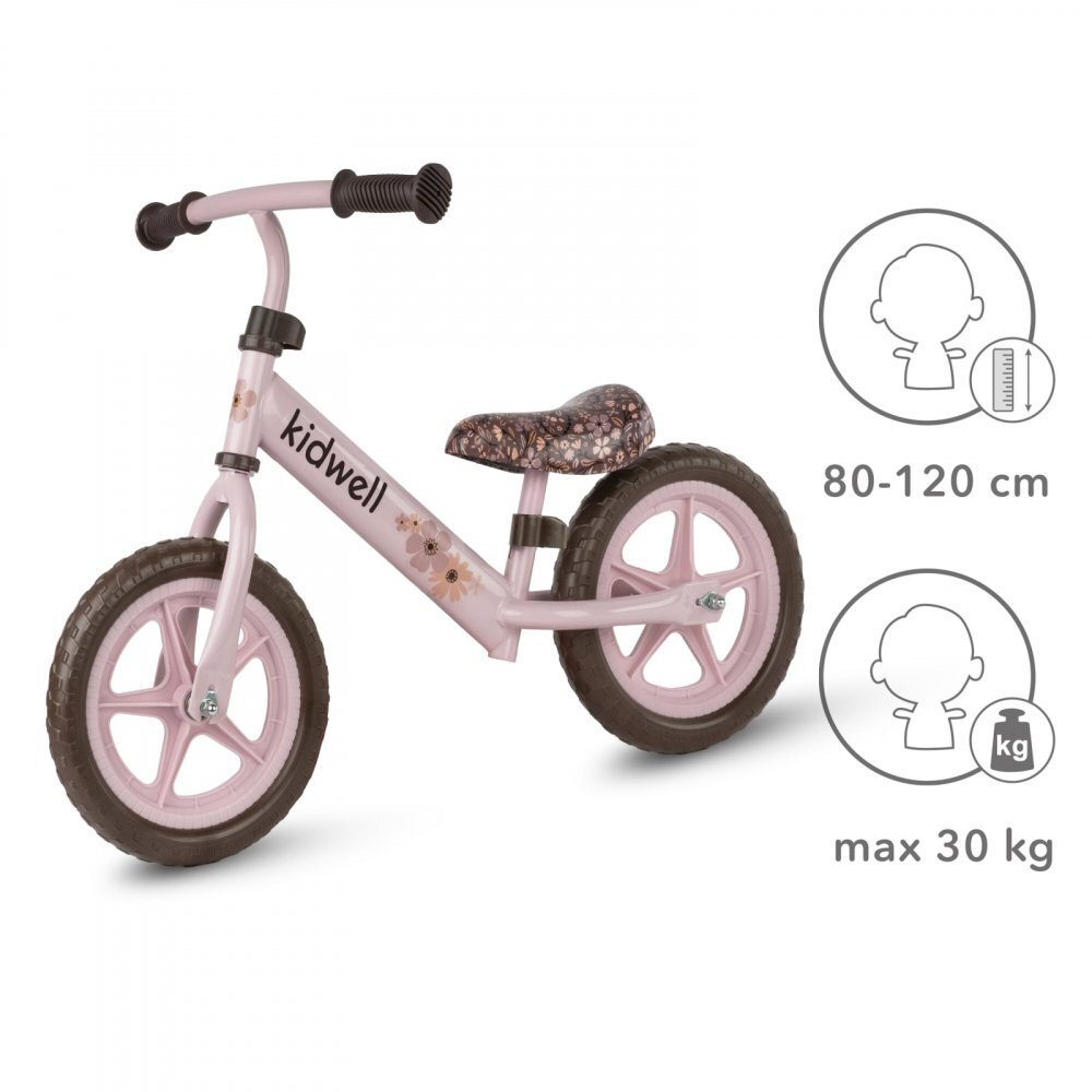 Kidwell Bicicleta de echilibru fara pedale pentru copii Rebel Flower 2.64 kg roti EVA 28 cm reglabila 80-120 cm maxim 30 kg