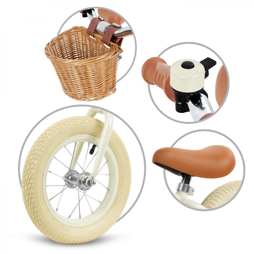 Kidwell Bicicleta de echilibru fara pedale pentru copii Retro Classy Cream stil retro sonerie si cos 3.9 kg roti 12 inch sa reglabila 36-46 cm maxim 35 kg
