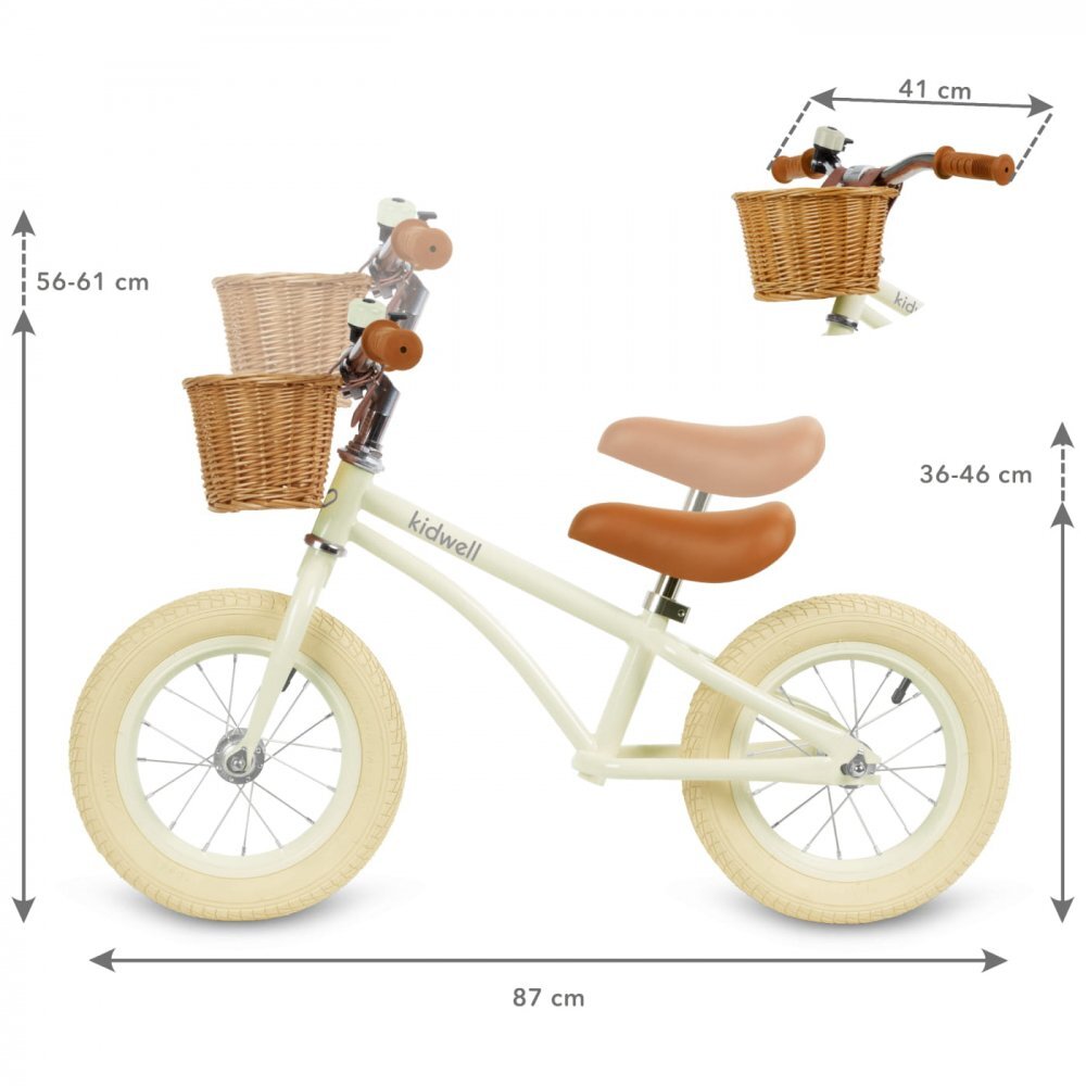 Kidwell Bicicleta de echilibru fara pedale pentru copii Retro Classy Cream stil retro sonerie si cos 3.9 kg roti 12 inch sa reglabila 36-46 cm maxim 35 kg