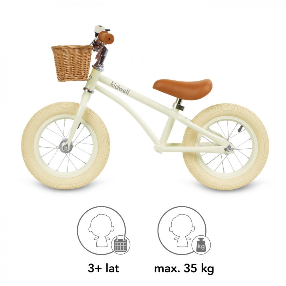 Kidwell Bicicleta de echilibru fara pedale pentru copii Retro Classy Cream stil retro sonerie si cos 3.9 kg roti 12 inch sa reglabila 36-46 cm maxim 35 kg