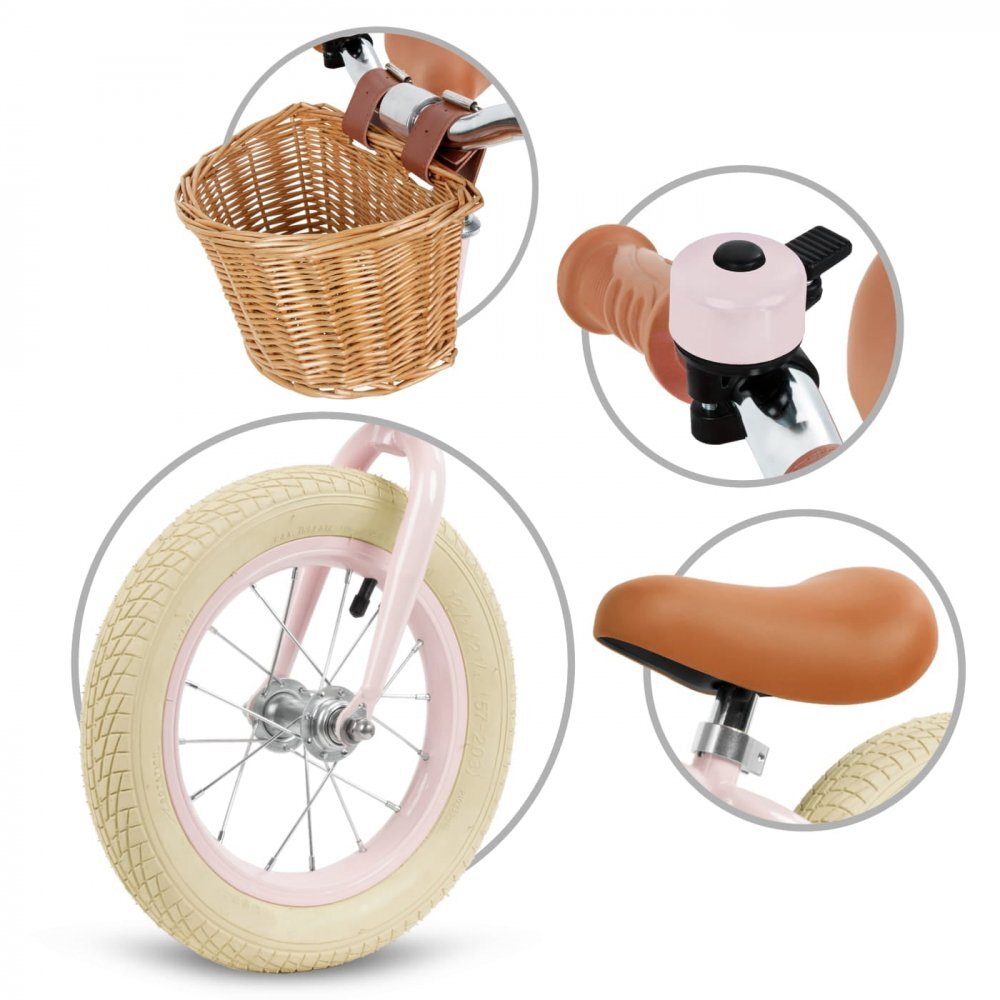 Kidwell Bicicleta de echilibru fara pedale pentru copii Retro Classy Pink stil retro sonerie si cos 3.9 kg roti 12 inch sa reglabila 36-46 cm maxim 35 kg