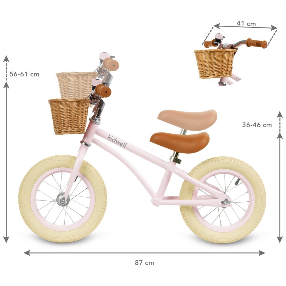 Kidwell Bicicleta de echilibru fara pedale pentru copii Retro Classy Pink stil retro sonerie si cos 3.9 kg roti 12 inch sa reglabila 36-46 cm maxim 35 kg