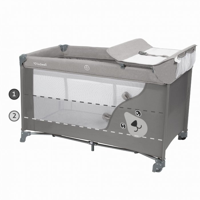 Kidwell Patut pentru copii Blissy 3 in 1 Gray pliabil cu 2 nivele usita cu fermoar roti cu blocare masuta de infasat si organizator