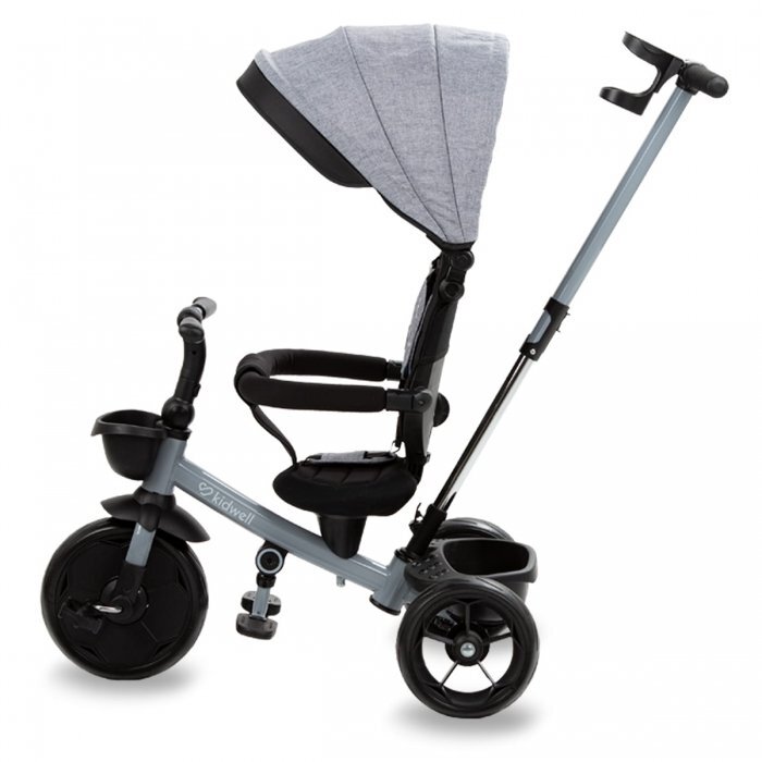 Kidwell Tricicleta pentru copii Axel Gri cu sezut rotativ roti din spuma EVA suport pentru picioare control parental suport pentru pahar centura de siguranta greutate admisa 25 kg