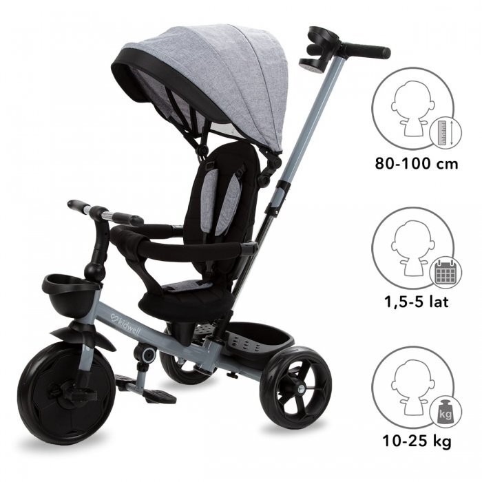 Kidwell Tricicleta pentru copii Axel Gri cu sezut rotativ roti din spuma EVA suport pentru picioare control parental suport pentru pahar centura de siguranta greutate admisa 25 kg