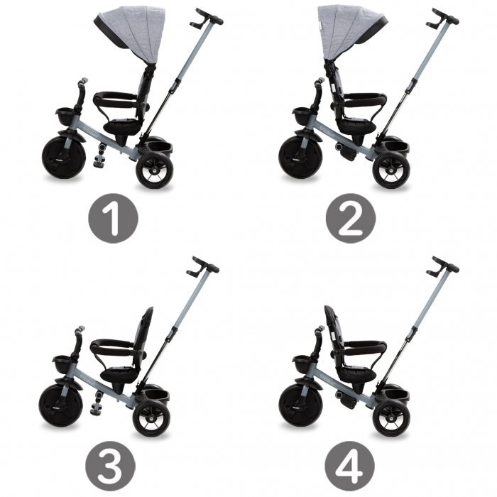 Kidwell Tricicleta pentru copii Axel Gri cu sezut rotativ roti din spuma EVA suport pentru picioare control parental suport pentru pahar centura de siguranta greutate admisa 25 kg