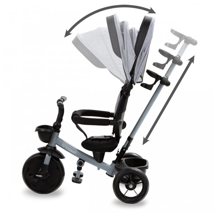 Kidwell Tricicleta pentru copii Axel Gri cu sezut rotativ roti din spuma EVA suport pentru picioare control parental suport pentru pahar centura de siguranta greutate admisa 25 kg