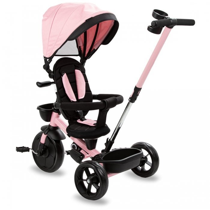 Kidwell Tricicleta pentru copii Axel Roz cu sezut rotativ roti din spuma EVA suport pentru picioare control parental suport pentru pahar centura de siguranta greutate admisa 25 kg