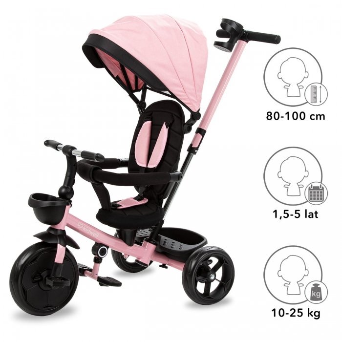 Kidwell Tricicleta pentru copii Axel Roz cu sezut rotativ roti din spuma EVA suport pentru picioare control parental suport pentru pahar centura de siguranta greutate admisa 25 kg