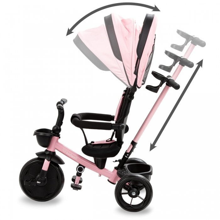 Kidwell Tricicleta pentru copii Axel Roz cu sezut rotativ roti din spuma EVA suport pentru picioare control parental suport pentru pahar centura de siguranta greutate admisa 25 kg