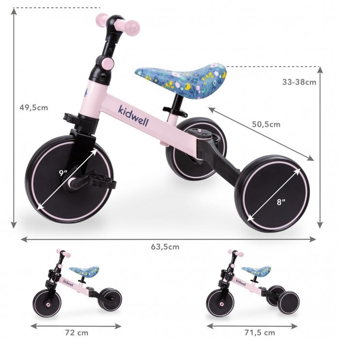 Kidwell Tricicleta pentru copii Pico Flower 3 in 1 cu pedale cu scaun reglabil in inaltime roti din spuma Eva potrivita pentru inaltimea unui copil 90 - 124 cm