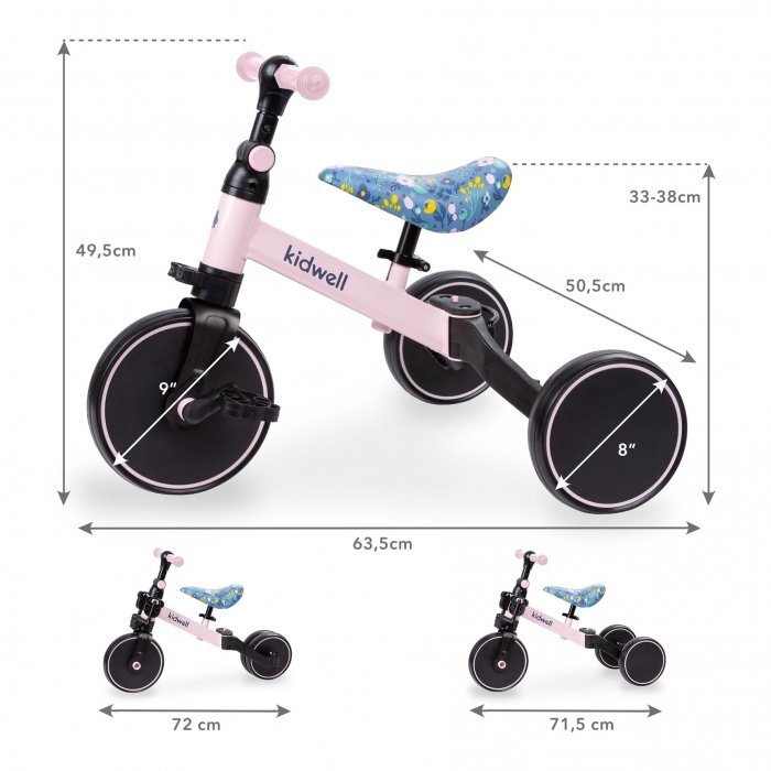 Kidwell Tricicleta pentru copii Pico Spring Flower cu pedale 3 in 1 scaun reglabil pe inaltime reglarea in 3 trepte a distantei dintre ghidon si copil potrivita pentru inaltimea unui copil 90 - 124 cm