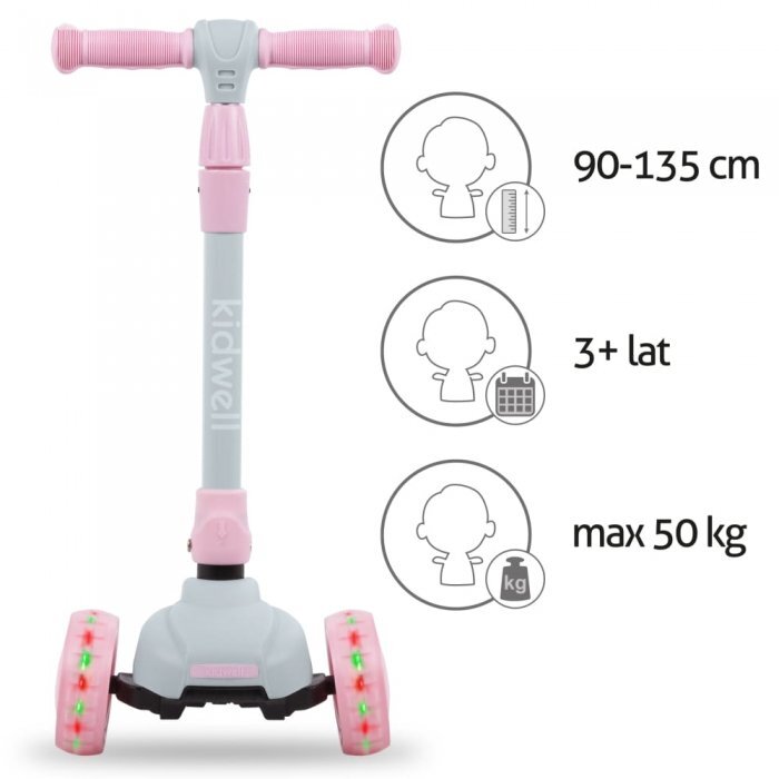 Kidwell Trotineta Jax Gray Pink cu 3 roti pliabila reglabila din aluminiu greutate admisa 50 kg varsta 3 ani+