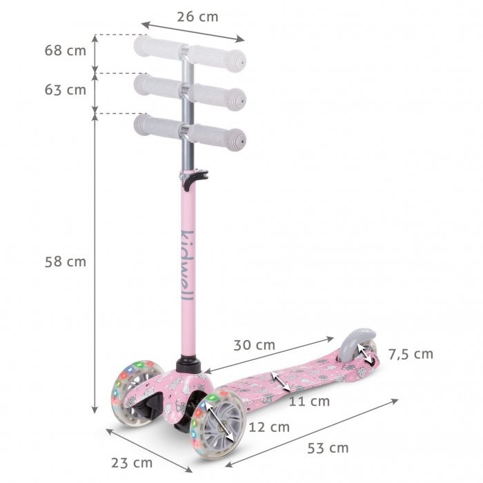 Kidwell Trotineta uno Cats Roz lumini LED ghidon reglabil din aluminiu greutatea admisa 25 kg varsta 3 ani+