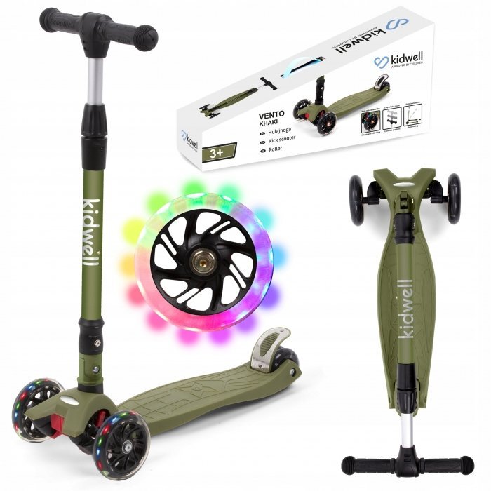 Kidwell Trotineta Vento Khaki pliabila cu suspensie roti cu led ghidon din aluminiu reglabil greutate admisa 50 kg varsta 3 ani+