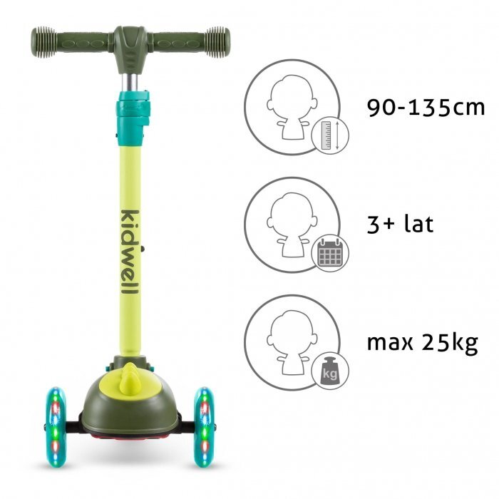 Kidwell Trotineta zoocar Dinosaur lumini LED ghidon reglabil din aluminiu greutate suportata 25 kg varsta 3 ani+