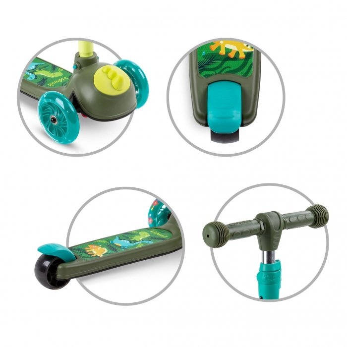 Kidwell Trotineta zoocar Dinosaur lumini LED ghidon reglabil din aluminiu greutate suportata 25 kg varsta 3 ani+
