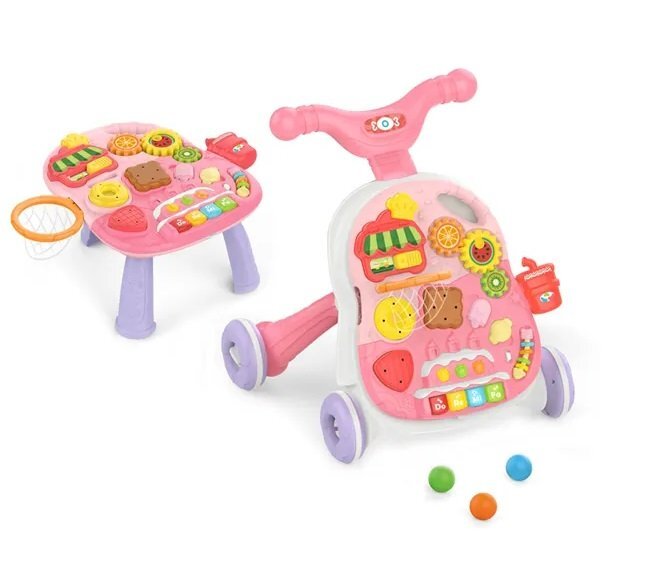 KikkaBoo Antepremergator 2in1 transformabil in masuta de activitati cu panou muzical Candy Party Pink
