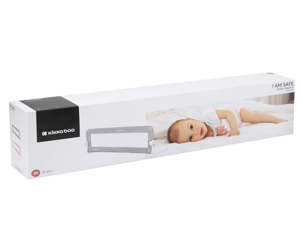 KikkaBoo Bariera de protectie pentru pat copii I am Safe Beige 150 cm fixare stabila rabatabila potrivita pentru saltele de la 12-20 cmcolturi rotunjitematerial textil de inalta calitate