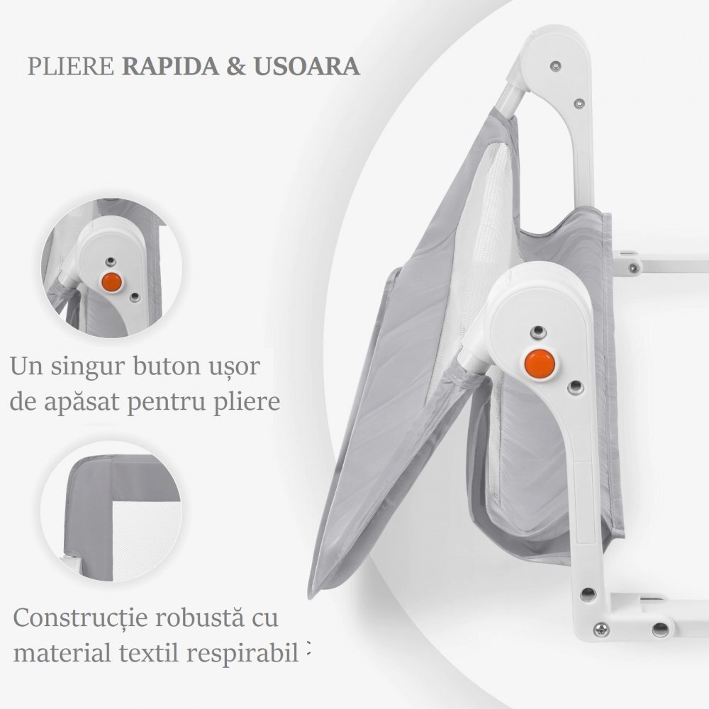 KikkaBoo Bariera de protectie pentru pat copii I am Safe Grey 150 cm fixare stabila rabatabila potrivita pentru saltele de la 12-20 cmcolturi rotunjitematerial textil de inalta calitate
