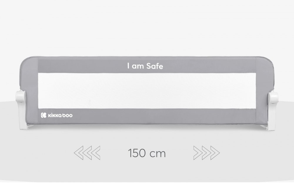 KikkaBoo Bariera de protectie pentru pat copii I am Safe Grey 150 cm fixare stabila rabatabila potrivita pentru saltele de la 12-20 cmcolturi rotunjitematerial textil de inalta calitate