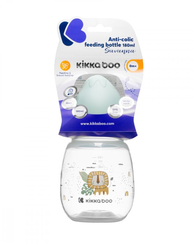 KikkaBoo Biberon Savanna Mint 180ml cu gat larg si tetina anti-colici din siliconfara bparecomandat de la nastere
