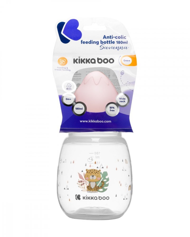 KikkaBoo Biberon Savanna Pink 180ml cu gat larg si tetina anti-colici din siliconfara bparecomandat de la nastere
