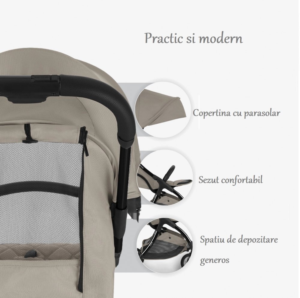 KikkaBoo Carucior sport pana la 22kg 0-48 lunicadru din aluminiu cu pliere compactapozitie de somnCompatibil avionhusa ploaiesuport pahar si geanta transport incluse Cloe Grey 2024