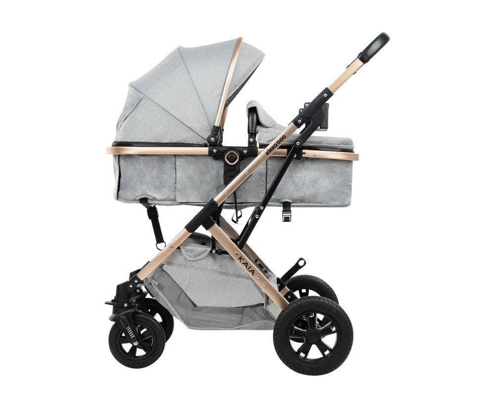 KikkaBoo Carucior transformabil 3 in 1 cu sezut reversibilcadru din aluminiususpensiicopertina XXLgeanta mamicisuport pahar si husa pentru picioare incluse Kaia Light Grey