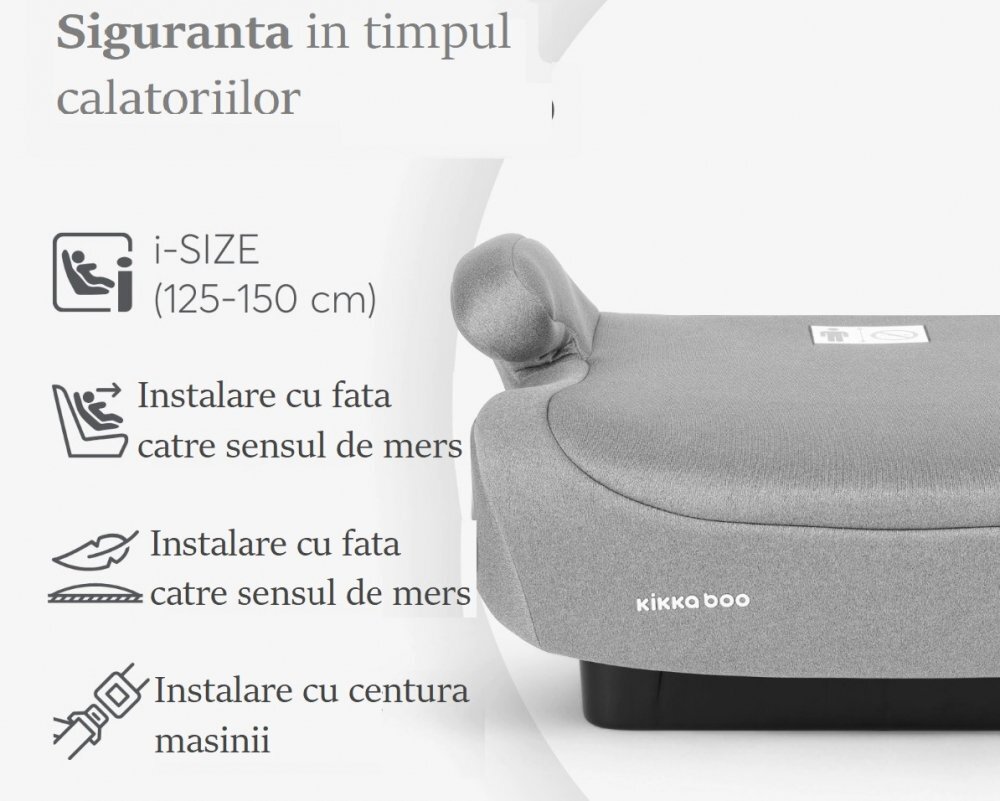 KikkaBoo Inaltator auto i-Go i-Size Light Grey 125-150 cm sezut confortabil centura de ghidaj fixare cu centura masinii husa detasabila certificat R12903 de catre TUV SUD