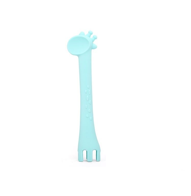 KikkaBoo Lingurita si furculita 2 in 1 din silicon moale Giraffe Mint multifunctionala
