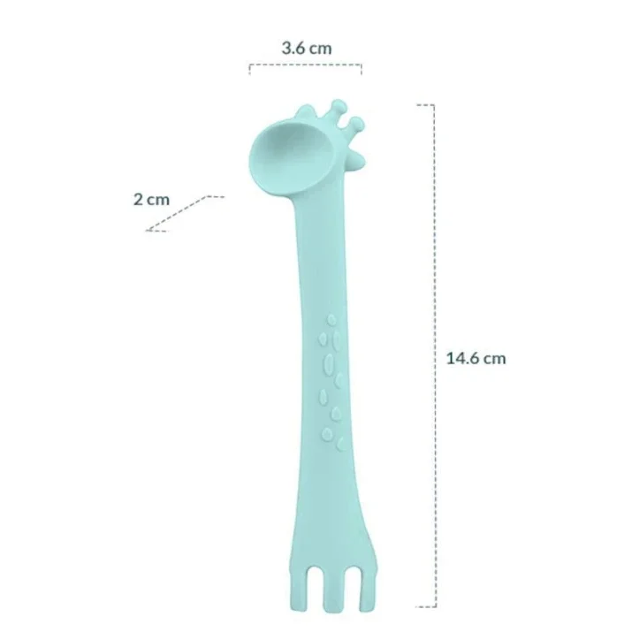 KikkaBoo Lingurita si furculita 2 in 1 din silicon moale Giraffe Mint multifunctionala
