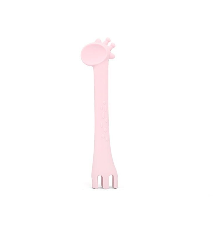 KikkaBoo Lingurita si furculita 2 in 1 din silicon moale Giraffe Pink multifunctionala
