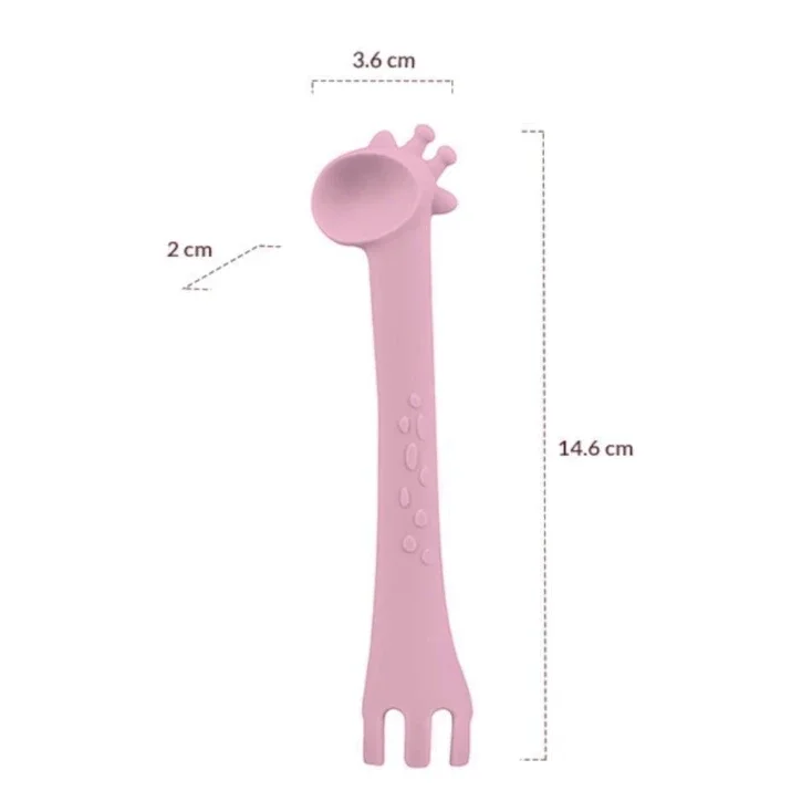 KikkaBoo Lingurita si furculita 2 in 1 din silicon moale Giraffe Pink multifunctionala