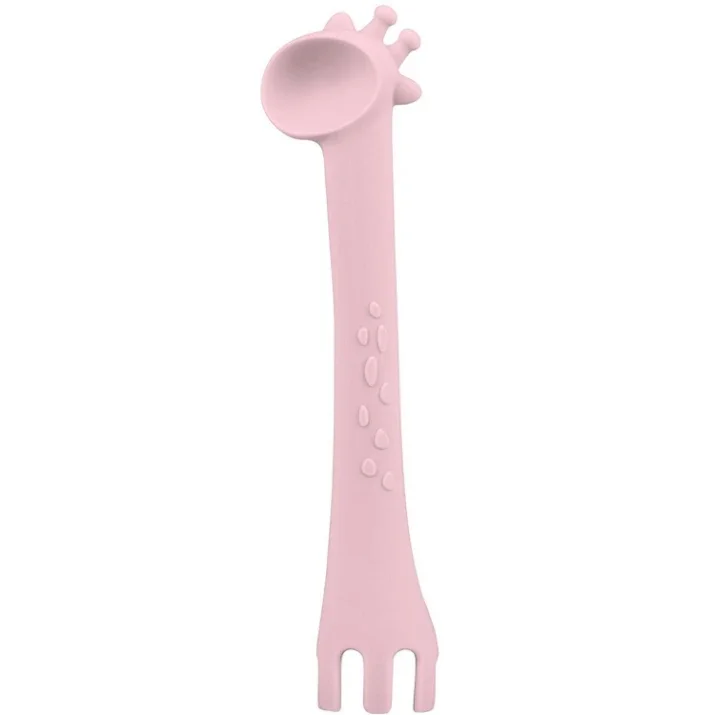 KikkaBoo Lingurita si furculita 2 in 1 din silicon moale Giraffe Pink multifunctionala