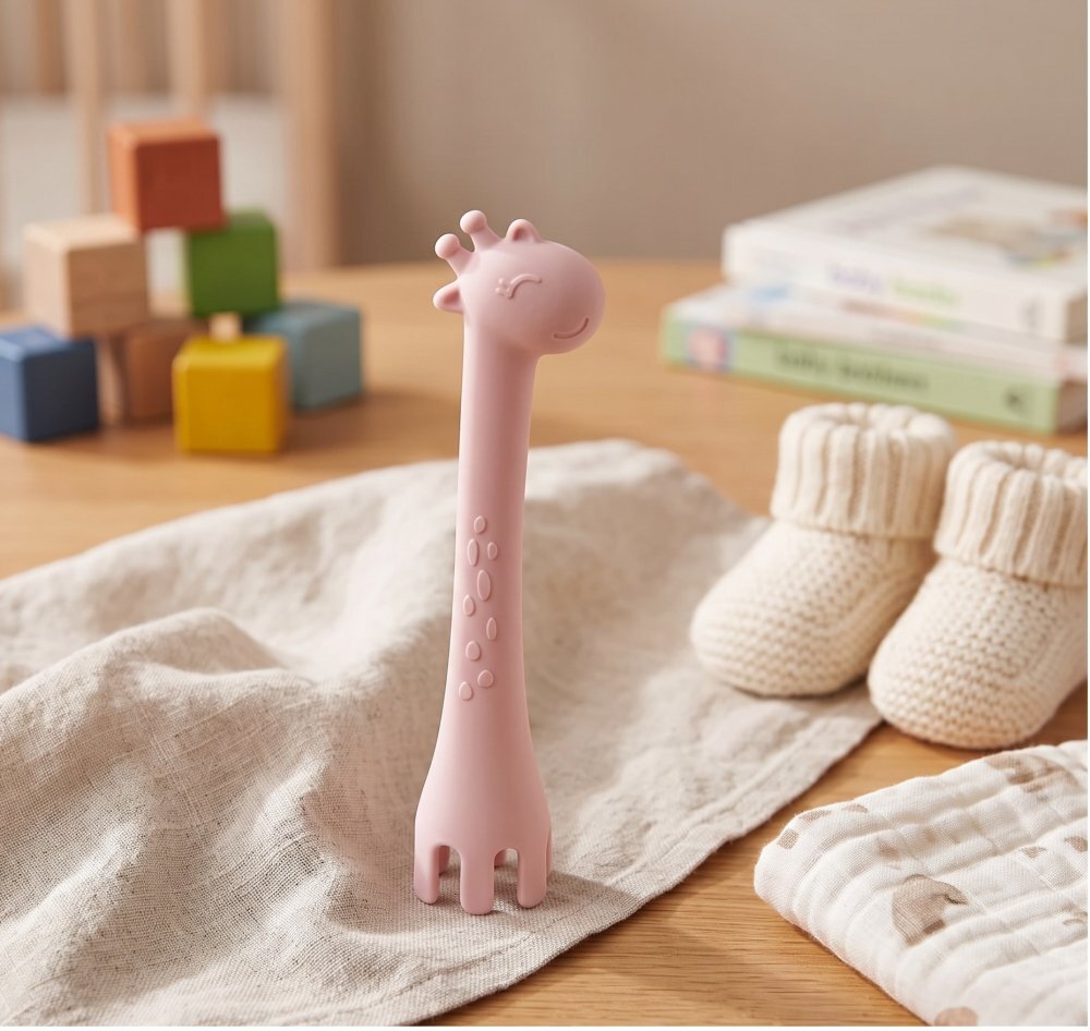 KikkaBoo Lingurita si furculita 2 in 1 din silicon moale Giraffe Pink multifunctionala