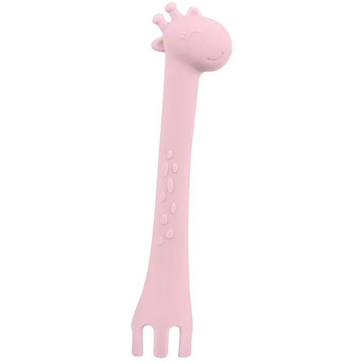 KikkaBoo Lingurita si furculita 2 in 1 din silicon moale Giraffe Pink multifunctionala