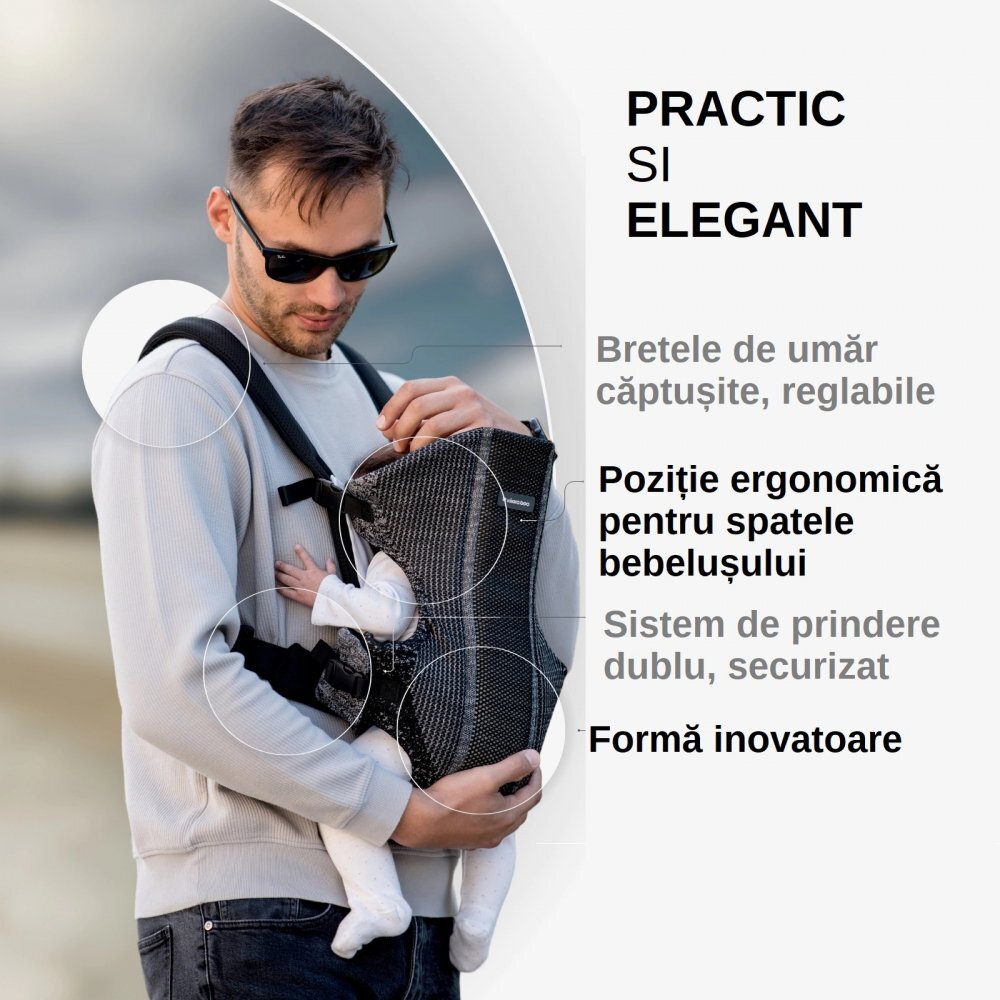 KikkaBoo Marsupiu ergonomic pentru bebelusi Gwen Fly tricot DeLux Mint de la 3luni3 pozitii de transport baveta moale detasabila bretele reglabile cu mecanism de blocare transversala