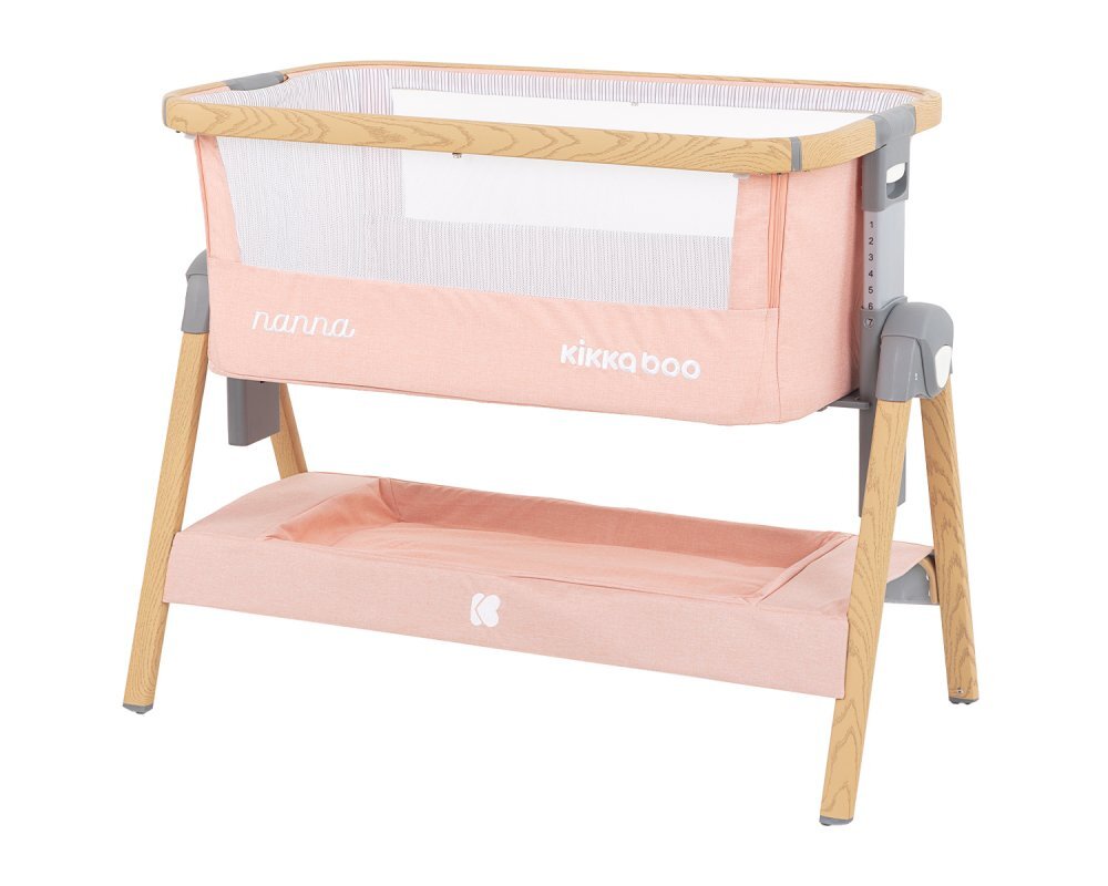 KikkaBoo Patut Co-Sleeper Nanna Pink Wood 2020 cu inaltime reglabila laterala culisanta roti husa detasabila si lavabila accesorii incluse