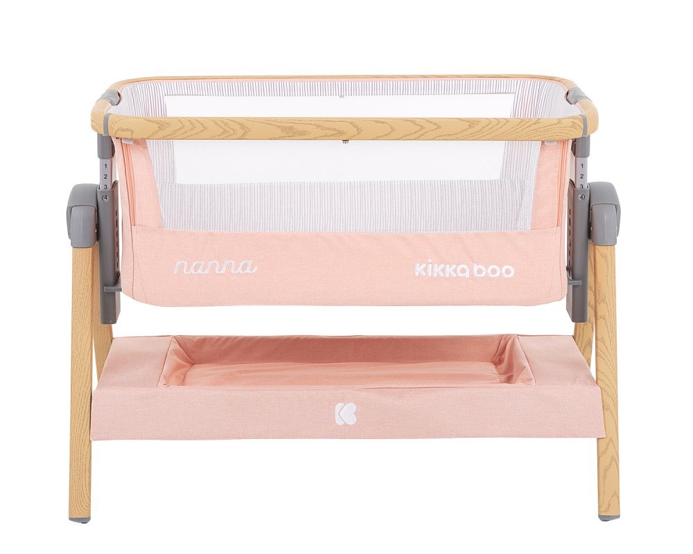 KikkaBoo Patut Co-Sleeper Nanna Pink Wood 2020 cu inaltime reglabila laterala culisanta roti husa detasabila si lavabila accesorii incluse