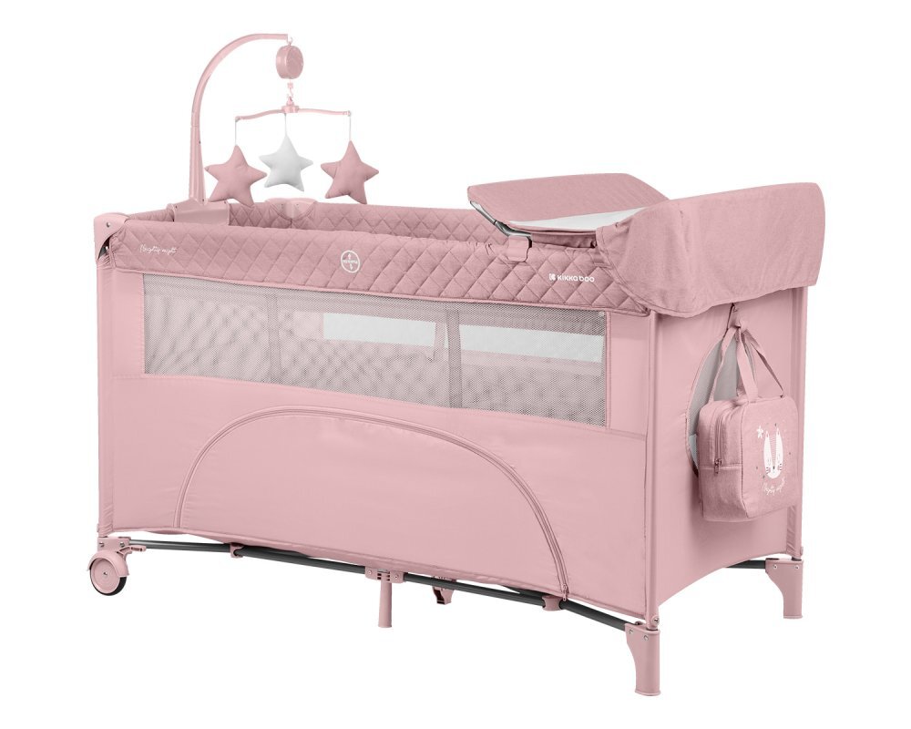 KikkaBoo Patut cu doua nivele Nighty Night Pink pliabil usita cu fermoar masuta de infasat carusel muzical roti cu frana
