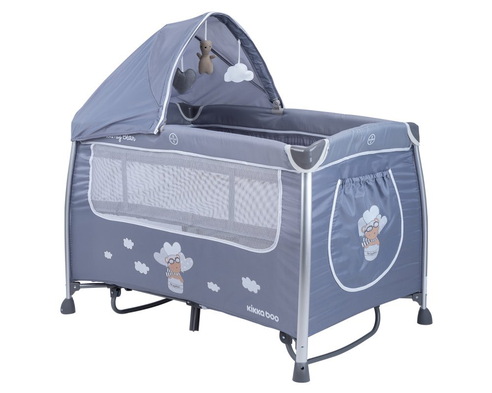 KikkaBoo Patut pliabil Dreamy Bear Grey cu doua nivele usita cu fermoar functie de balansare si accesorii incluse