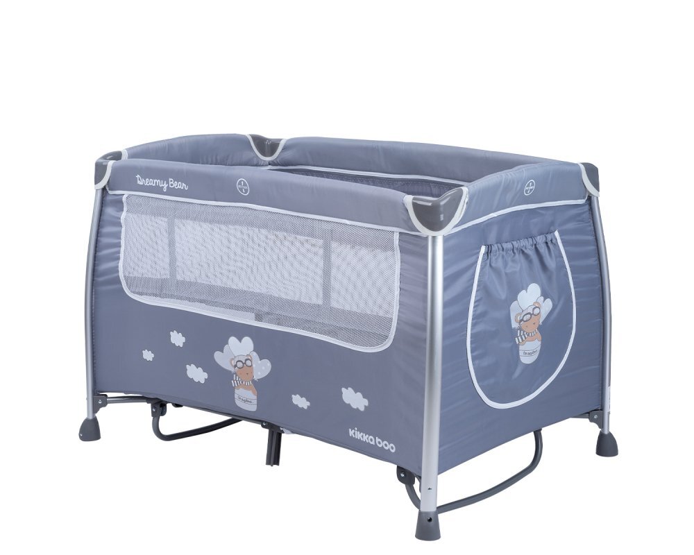 KikkaBoo Patut pliabil Dreamy Bear Grey cu doua nivele usita cu fermoar functie de balansare si accesorii incluse