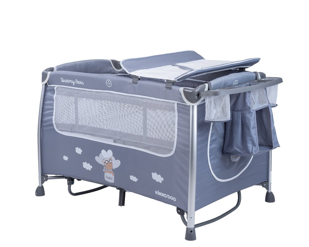 KikkaBoo Patut pliabil Dreamy Bear Grey cu doua nivele usita cu fermoar functie de balansare si accesorii incluse