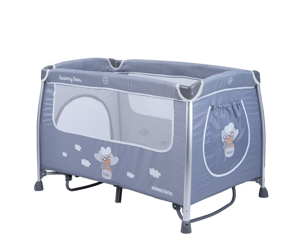 KikkaBoo Patut pliabil Dreamy Bear Grey cu doua nivele usita cu fermoar functie de balansare si accesorii incluse
