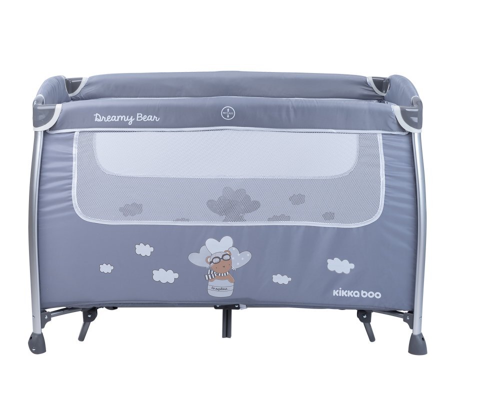 KikkaBoo Patut pliabil Dreamy Bear Grey cu doua nivele usita cu fermoar functie de balansare si accesorii incluse
