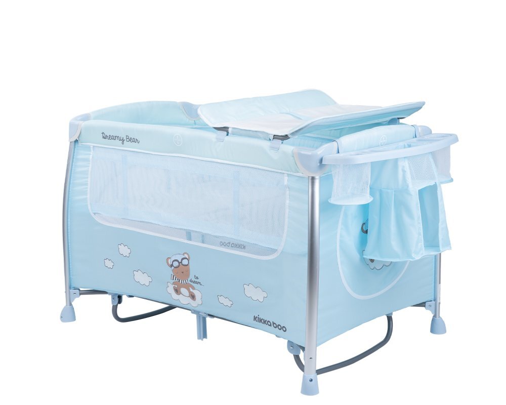 KikkaBoo Patut pliabil Dreamy Bear MintBlue cu doua nivele usita cu fermoar functie de balansare si accesorii incluse