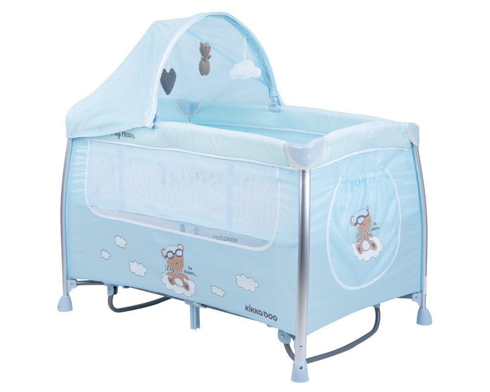 KikkaBoo Patut pliabil Dreamy Bear MintBlue cu doua nivele usita cu fermoar functie de balansare si accesorii incluse