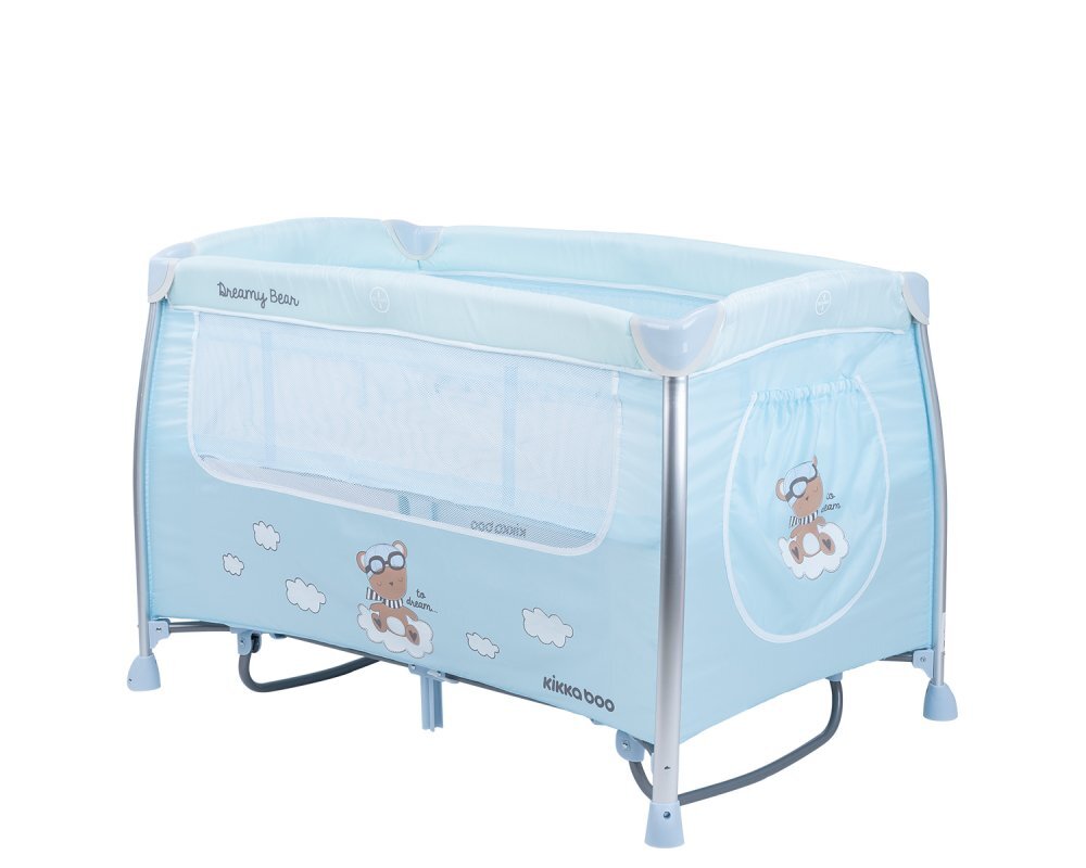 KikkaBoo Patut pliabil Dreamy Bear MintBlue cu doua nivele usita cu fermoar functie de balansare si accesorii incluse