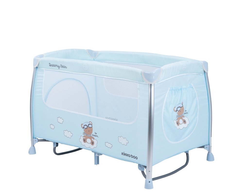 KikkaBoo Patut pliabil Dreamy Bear MintBlue cu doua nivele usita cu fermoar functie de balansare si accesorii incluse